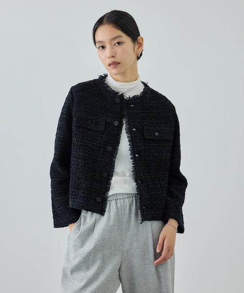 Coohem(コーヘン)の「【COOHEM(コーヘン)】BASIC TWEED VELVET JACKET(ノーカラージャケット・レディース・ネイビー/キナリ・FREE)」の6枚目の写真