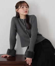 ファー袖ケーブルニットカーディガン