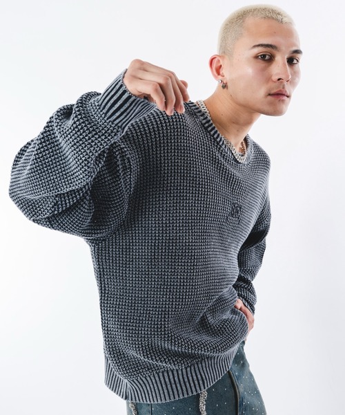 SHORT ROUND（ショートラウンド）の「SHORT ROUND/コンパクトフィットワッフルニットプルオーバー（ニット/セーター・メンズ・ブラック系その他/ネイビー・LARGE/MEDIUM）」の2枚目の写真