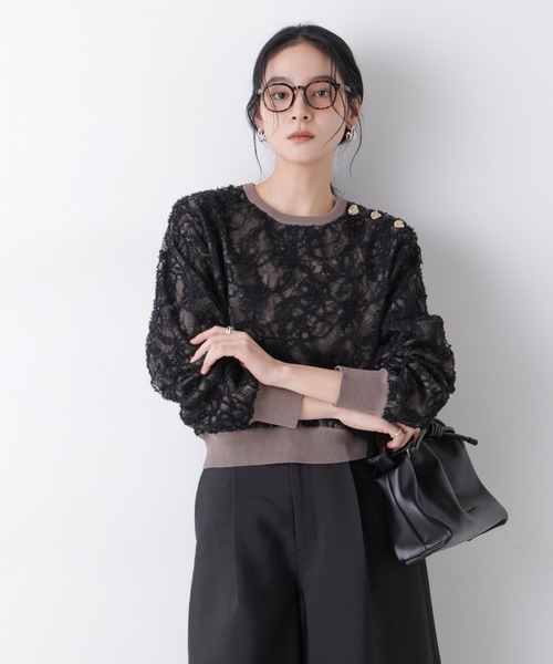 NANO universe（ナノユニバース）の「レースレイヤードニットプルオーバー（ニット/セーター・レディース・ホワイト/ブラック・FREE）」の2枚目の写真