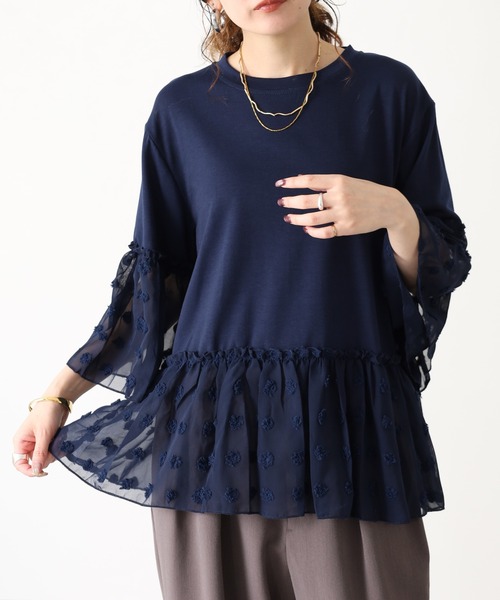 RME.(アールエムイー)の「ドットシフォン素材コンビカットソー(Tシャツ/カットソー・レディース・ホワイト/ネイビー/ブラック・S/M/L)」の3枚目の写真