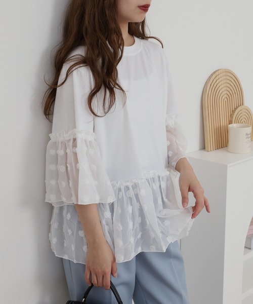 RME.(アールエムイー)の「ドットシフォン素材コンビカットソー(Tシャツ/カットソー・レディース・ホワイト/ネイビー/ブラック・S/M/L)」の2枚目の写真
