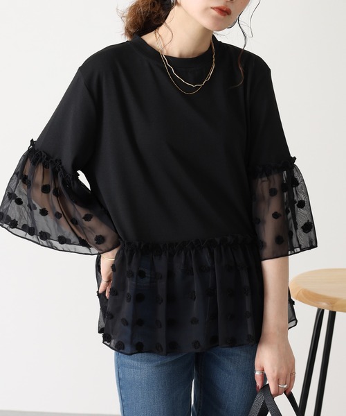 RME.(アールエムイー)の「ドットシフォン素材コンビカットソー(Tシャツ/カットソー・レディース・ホワイト/ネイビー/ブラック・S/M/L)」の1枚目の写真