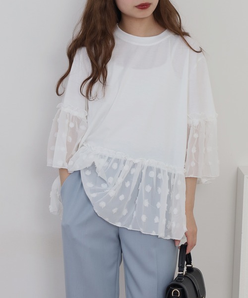 RME.(アールエムイー)の「ドットシフォン素材コンビカットソー(Tシャツ/カットソー・レディース・ホワイト/ネイビー/ブラック・S/M/L)」の4枚目の写真