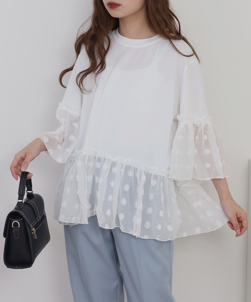 RME.(アールエムイー)の「ドットシフォン素材コンビカットソー(Tシャツ/カットソー・レディース・ホワイト/ネイビー/ブラック・S/M/L)」の5枚目の写真