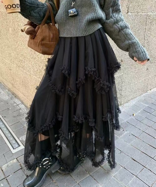 Achic(アシック)の「チュールレース ロングスカート(スカート・レディース・ブラック/ブラウン/ホワイト・M)」の4枚目の写真