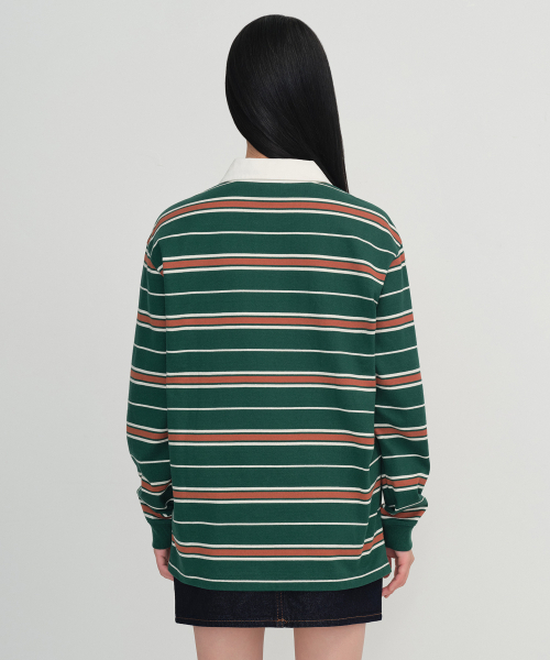 MUSINSA STANDARD WOMAN（ムシンサスタンダードウーマン）の「ウィメンズリラックスドマルチストライプラグビーシャツ[グリーン]（ポロシャツ・レディース・その他・SMALL/MEDIUM/X-SMALL/LARGE）」の3枚目の写真