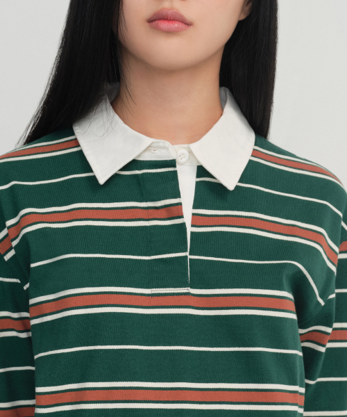 MUSINSA STANDARD WOMAN（ムシンサスタンダードウーマン）の「ウィメンズリラックスドマルチストライプラグビーシャツ[グリーン]（ポロシャツ・レディース・その他・SMALL/MEDIUM/X-SMALL/LARGE）」の4枚目の写真