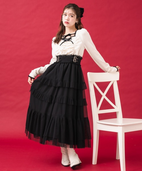 couture BY ROJITA(クチュールバイロジータ)の「チュールティアードドッキングワンピース(ワンピース・レディース・ブラック/アイボリー/グレー・FREE)」の4枚目の写真