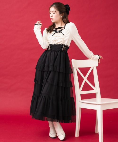 couture BY ROJITA(クチュールバイロジータ)の「チュールティアードドッキングワンピース(ワンピース・レディース・ブラック/アイボリー/グレー・FREE)」の5枚目の写真