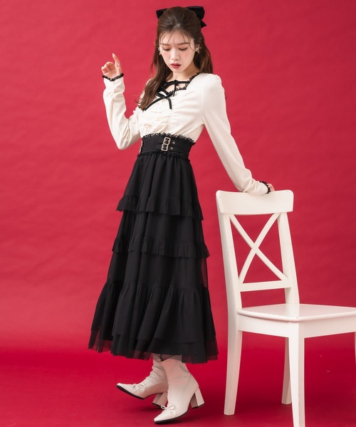couture BY ROJITA(クチュールバイロジータ)の「チュールティアードドッキングワンピース(ワンピース・レディース・ブラック/アイボリー/グレー・FREE)」の7枚目の写真