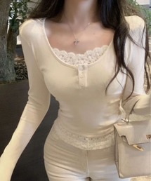 center i（センターアイ）の「レースレイヤードヘンリーネックトップス（Tシャツ/カットソー）」