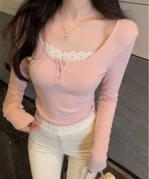 center i（センターアイ）の「レースレイヤードヘンリーネックトップス（Tシャツ/カットソー）」