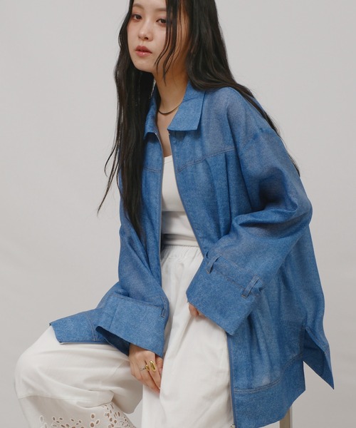 palm RICHE(ポームリシュ)の「シアーデニムシャツJK(その他アウター・レディース・ライトピンク/ブラック/ブルー・M)」の1枚目の写真