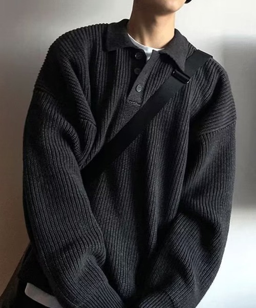KELVIN(ケルヴァン)の「Loose Fit Polo Knit ルーズフィット ポロニット(ニット/セーター・メンズ・ベージュ/ホワイト/ブラック・MEDIUM/LARGE)」の3枚目の写真