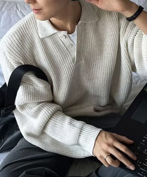 KELVIN(ケルヴァン)の「Loose Fit Polo Knit ルーズフィット ポロニット(ニット/セーター・メンズ・ベージュ/ホワイト/ブラック・MEDIUM/LARGE)」の4枚目の写真