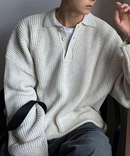 KELVIN(ケルヴァン)の「Loose Fit Polo Knit ルーズフィット ポロニット(ニット/セーター・メンズ・ベージュ/ホワイト/ブラック・MEDIUM/LARGE)」の5枚目の写真