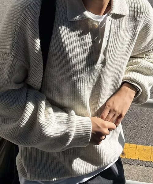 KELVIN(ケルヴァン)の「Loose Fit Polo Knit ルーズフィット ポロニット(ニット/セーター・メンズ・ベージュ/ホワイト/ブラック・MEDIUM/LARGE)」の6枚目の写真
