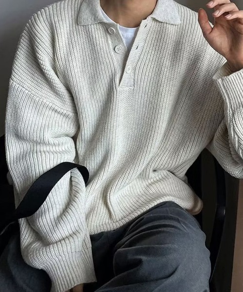 KELVIN(ケルヴァン)の「Loose Fit Polo Knit ルーズフィット ポロニット(ニット/セーター・メンズ・ベージュ/ホワイト/ブラック・MEDIUM/LARGE)」の7枚目の写真