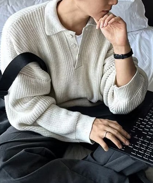KELVIN(ケルヴァン)の「Loose Fit Polo Knit ルーズフィット ポロニット(ニット/セーター・メンズ・ベージュ/ホワイト/ブラック・MEDIUM/LARGE)」の8枚目の写真
