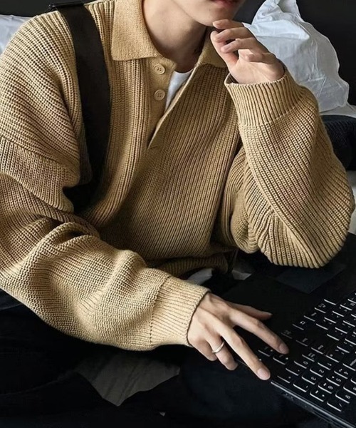 KELVIN(ケルヴァン)の「Loose Fit Polo Knit ルーズフィット ポロニット(ニット/セーター・メンズ・ベージュ/ホワイト/ブラック・MEDIUM/LARGE)」の14枚目の写真
