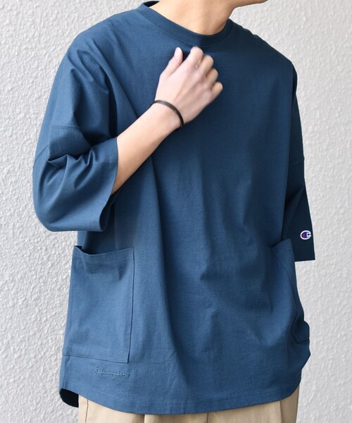 美品✨45R コットン ドルマンスリーブ ビッグ Tシャツ ロゴ刺繍 ブルー SHIPS any別注】Champion: ロゴ刺繍 ドルマン キャンプポケット T