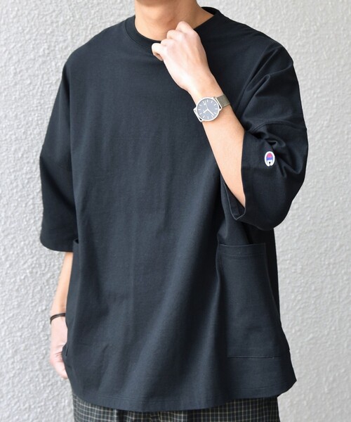 SHIPS any別注】Champion: ロゴ刺繍 ドルマン キャンプポケット T