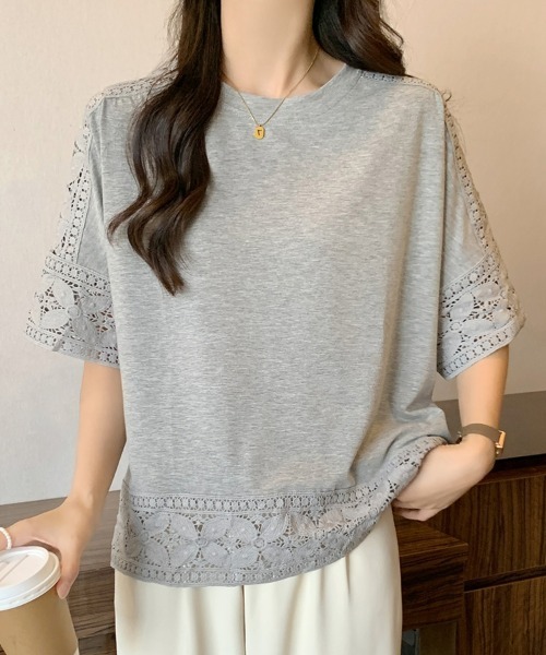 Tシャツ 半袖 五分袖 レース 刺繍 オフィスカジュアル きれいめ