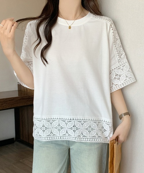 SEU(エスイーユー)の「Tシャツ 半袖 五分袖 レース 刺繍 オフィスカジュアル きれいめカジュアル レディース韓国風(シャツ/ブラウス・レディース・ホワイト/ベージュ/グレー/ブラック・フリー)」の2枚目の写真