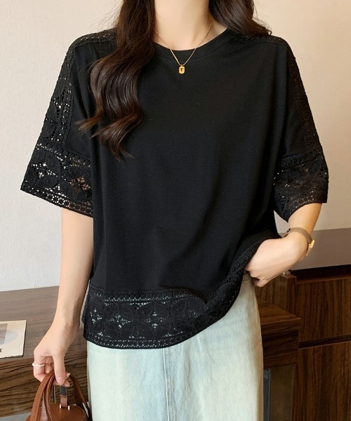 SEU(エスイーユー)の「Tシャツ 半袖 五分袖 レース 刺繍 オフィスカジュアル きれいめカジュアル レディース韓国風(シャツ/ブラウス・レディース・ホワイト/ベージュ/グレー/ブラック・フリー)」の3枚目の写真