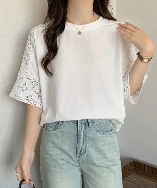 SEU(エスイーユー)の「Tシャツ 半袖 五分袖 レース 刺繍 オフィスカジュアル きれいめカジュアル レディース韓国風(シャツ/ブラウス・レディース・ホワイト/ベージュ/グレー/ブラック・フリー)」の6枚目の写真