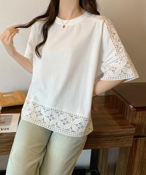 SEU(エスイーユー)の「Tシャツ 半袖 五分袖 レース 刺繍 オフィスカジュアル きれいめカジュアル レディース韓国風(シャツ/ブラウス・レディース・ホワイト/ベージュ/グレー/ブラック・フリー)」の7枚目の写真
