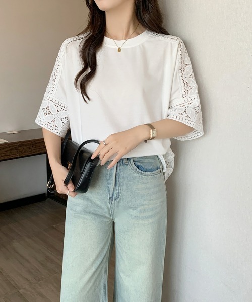 SEU(エスイーユー)の「Tシャツ 半袖 五分袖 レース 刺繍 オフィスカジュアル きれいめカジュアル レディース韓国風(シャツ/ブラウス・レディース・ホワイト/ベージュ/グレー/ブラック・フリー)」の10枚目の写真