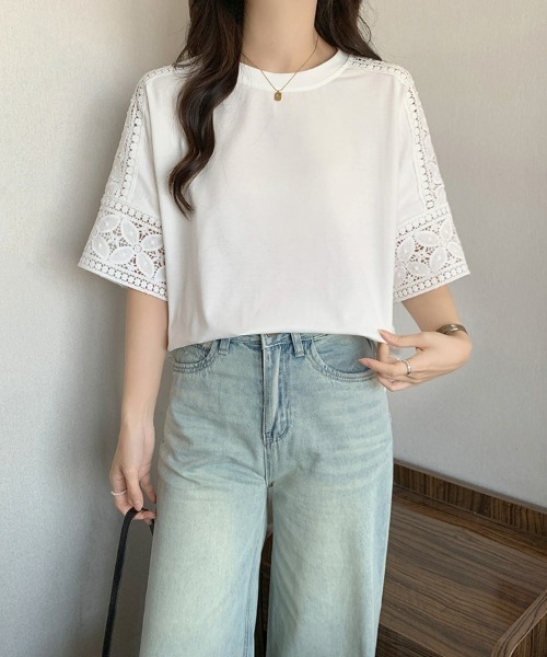 SEU(エスイーユー)の「Tシャツ 半袖 五分袖 レース 刺繍 オフィスカジュアル きれいめカジュアル レディース韓国風(シャツ/ブラウス・レディース・ホワイト/ベージュ/グレー/ブラック・フリー)」の11枚目の写真