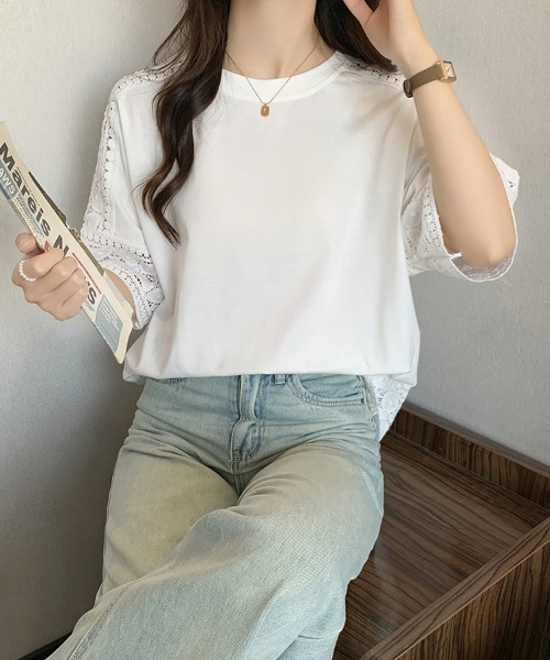 SEU(エスイーユー)の「Tシャツ 半袖 五分袖 レース 刺繍 オフィスカジュアル きれいめカジュアル レディース韓国風(シャツ/ブラウス・レディース・ホワイト/ベージュ/グレー/ブラック・フリー)」の12枚目の写真
