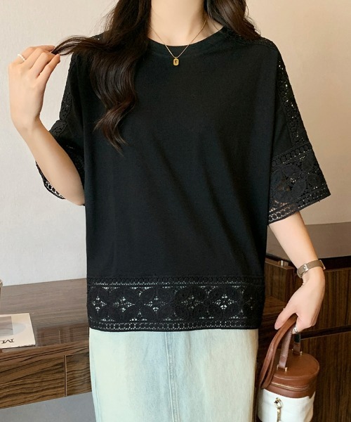 SEU(エスイーユー)の「Tシャツ 半袖 五分袖 レース 刺繍 オフィスカジュアル きれいめカジュアル レディース韓国風(シャツ/ブラウス・レディース・ホワイト/ベージュ/グレー/ブラック・フリー)」の13枚目の写真