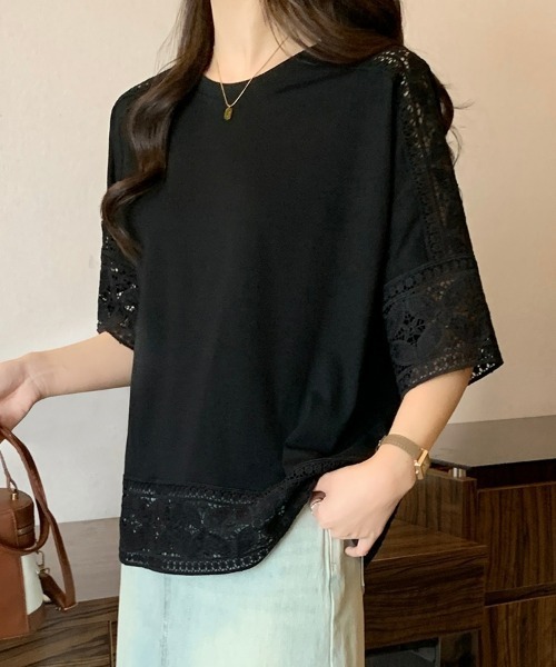SEU(エスイーユー)の「Tシャツ 半袖 五分袖 レース 刺繍 オフィスカジュアル きれいめカジュアル レディース韓国風(シャツ/ブラウス・レディース・ホワイト/ベージュ/グレー/ブラック・フリー)」の14枚目の写真
