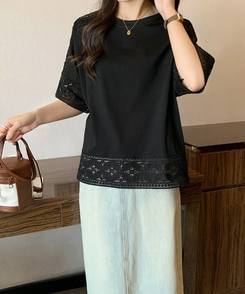 SEU(エスイーユー)の「Tシャツ 半袖 五分袖 レース 刺繍 オフィスカジュアル きれいめカジュアル レディース韓国風(シャツ/ブラウス・レディース・ホワイト/ベージュ/グレー/ブラック・フリー)」の18枚目の写真