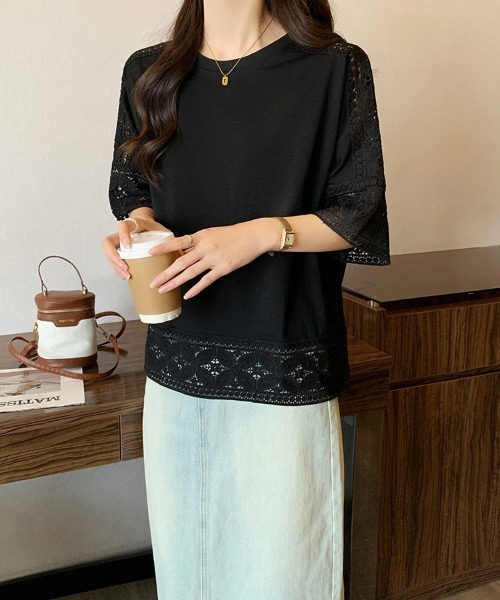SEU(エスイーユー)の「Tシャツ 半袖 五分袖 レース 刺繍 オフィスカジュアル きれいめカジュアル レディース韓国風(シャツ/ブラウス・レディース・ホワイト/ベージュ/グレー/ブラック・フリー)」の19枚目の写真
