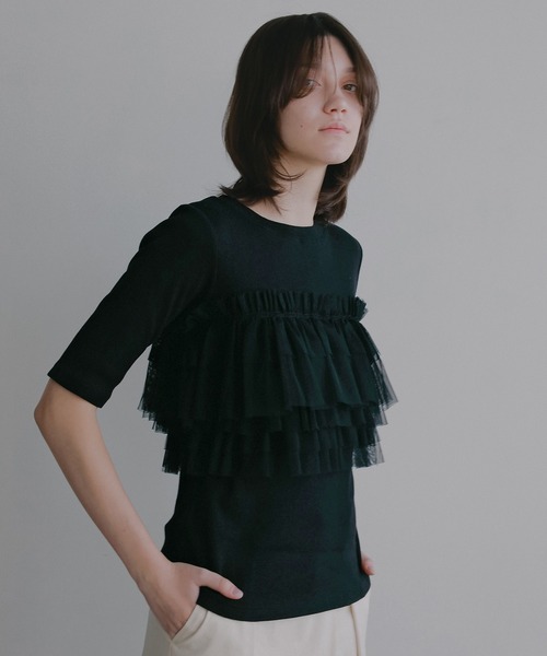 MANOF（マノフ）の「TULLE FRILL CUT TOPS（Tシャツ/カットソー・レディース・ライトブルー/ブラック/ホワイト・F）」の2枚目の写真