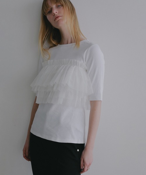 MANOF（マノフ）の「TULLE FRILL CUT TOPS（Tシャツ/カットソー・レディース・ライトブルー/ブラック/ホワイト・F）」の15枚目の写真