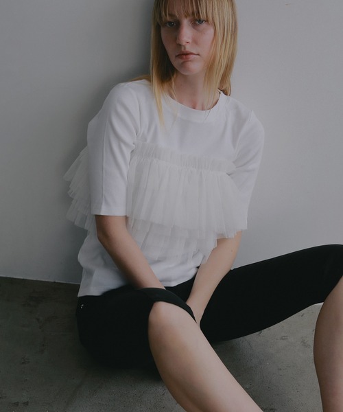 MANOF（マノフ）の「TULLE FRILL CUT TOPS（Tシャツ/カットソー・レディース・ライトブルー/ブラック/ホワイト・F）」の11枚目の写真