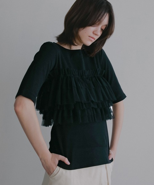 MANOF（マノフ）の「TULLE FRILL CUT TOPS（Tシャツ/カットソー・レディース・ライトブルー/ブラック/ホワイト・F）」の19枚目の写真