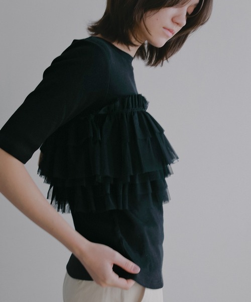 MANOF（マノフ）の「TULLE FRILL CUT TOPS（Tシャツ/カットソー・レディース・ライトブルー/ブラック/ホワイト・F）」の22枚目の写真