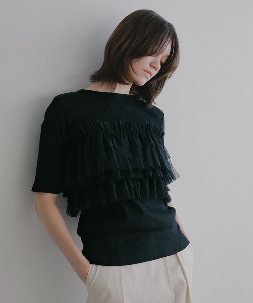 MANOF（マノフ）の「TULLE FRILL CUT TOPS（Tシャツ/カットソー・レディース・ライトブルー/ブラック/ホワイト・F）」の17枚目の写真