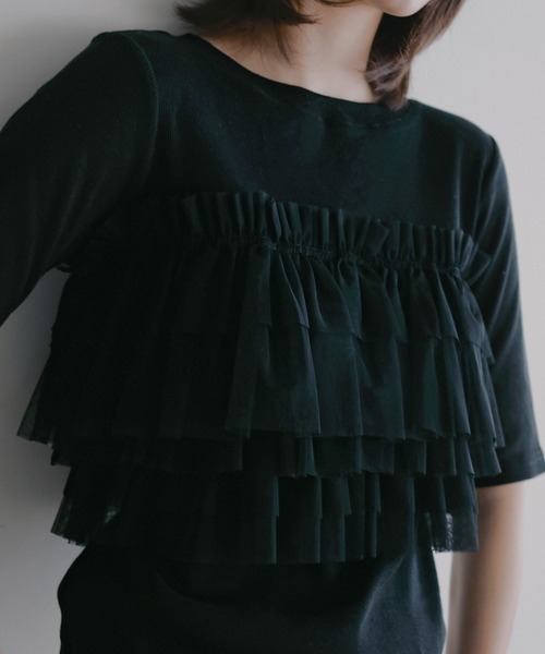 MANOF（マノフ）の「TULLE FRILL CUT TOPS（Tシャツ/カットソー・レディース・ライトブルー/ブラック/ホワイト・F）」の20枚目の写真