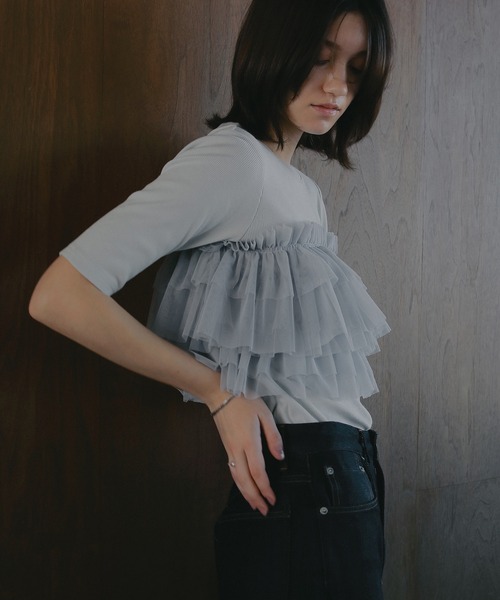 MANOF（マノフ）の「TULLE FRILL CUT TOPS（Tシャツ/カットソー・レディース・ライトブルー/ブラック/ホワイト・F）」の9枚目の写真