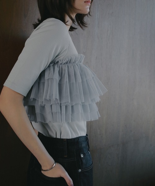 MANOF（マノフ）の「TULLE FRILL CUT TOPS（Tシャツ/カットソー・レディース・ライトブルー/ブラック/ホワイト・F）」の8枚目の写真