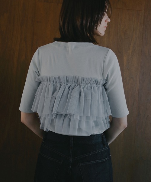 MANOF（マノフ）の「TULLE FRILL CUT TOPS（Tシャツ/カットソー・レディース・ライトブルー/ブラック/ホワイト・F）」の10枚目の写真