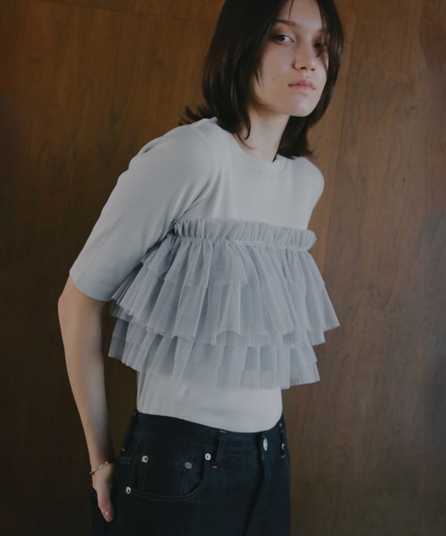 MANOF（マノフ）の「TULLE FRILL CUT TOPS（Tシャツ/カットソー・レディース・ライトブルー/ブラック/ホワイト・F）」の7枚目の写真